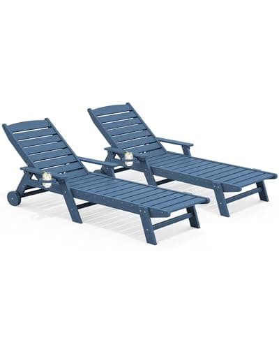 SERWALL Patio Chaise Lounge Chair Set of 2, 78'' Long 5-Positions Adjustable HDPE Outdoor Lounger for Pool, Poly Lounge Chair with Rolling Wheels & Cup Holder for Poolside, Deck, Blue