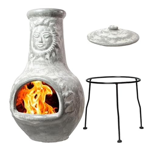 Wiosi Medium Chiminea Outdoor Fireplace Grey Clay Chimineas with Chimney Rain Lids and Solid Metal Stands - Grey Terracotta Chimenea - Rustic Fire Pit Chimnea 16 x 16 x 32-inch