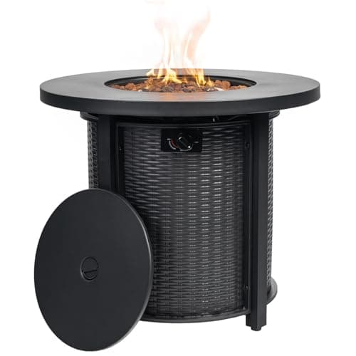 SENJOYS 30'' Round Propane Fire Pit Table, 50,000 BTU Steel Gas FirePit for Outdoor, Fire Table with Lid, Add Warmth & Ambience to Gatherings and Parties On Patio Deck Garden Backyard, Black.