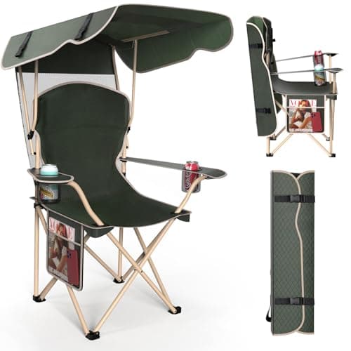 VTOY Portable Camping Chair with Canopy - Folding Chair with Canopy, Durable 600D Oxford Canopy Chair for Camping, Beach, Picnics, Fishing & Sports (1Pack Olive Green)