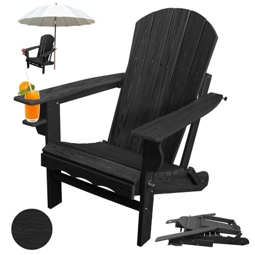 CLOUDEEP Folding Adirondack Chair, HDPE Plastic Black Adirondack Chairs Weather Resistant, Oversized Outdoor Fire Pit Chairs with Cup Holder and Umbrella Hole for Patio Garden, Lawn and Poolside