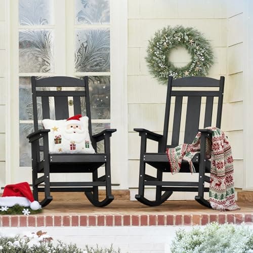 LUE BONA Outdoor Rocking Chairs Set of 2, Weather Resistant Poly Plastic Rocker, 350lb Heavy Duty, Oversized Porch Rocker for Adult, High Back Smooth for Outdoor & Indoor, Black