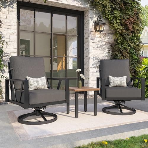 COMLAX FIELD Outdoor Patio Swivel Rocking Chairs Set, Patio Porch Furniture with 6" Thick Cushions, 3 Pieces Outdoor Bistro Set with Coffee Table for Balcony, 350lbs, Dark Grey