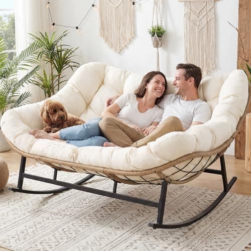 NICESOUL Oversized Double Rocking Papasan Chair with Thick Cushion, 2 Person Big Wicker Outdoor Comfy Recliner, Extra Large Heavy Duty 700 lbs Egg Loveseat for Patio, Balcony, Backyard, Garden, Beige