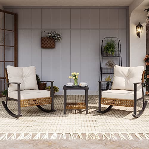 LAUSAINT HOME 3-Piece Rocking Bistro Set, Outdoor Patio Furniture with Thick Cushions and 2-Tier Coffee Table, Oversize Rattan Conversation Set for Garden, Balcony, Backyard (Beige)