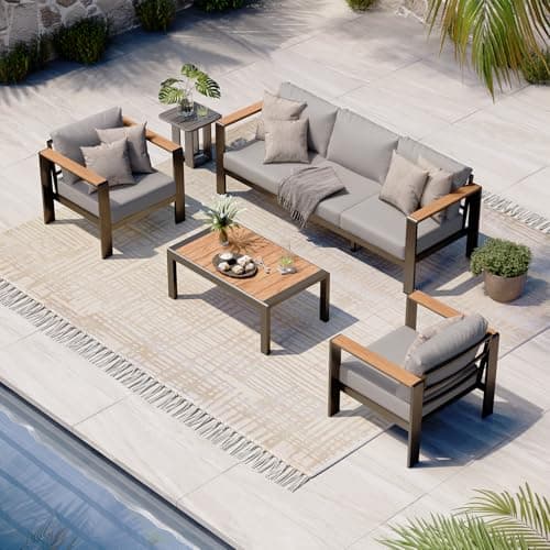 Oasbira Aluminum Outdoor Patio Furniture Set with Coffee Table, 4 Piece Patio Conversation Sets with Washable Thick Cushions, Outdoor Sectional Furniture Set for Poolside, Balcony, Deck, Gray