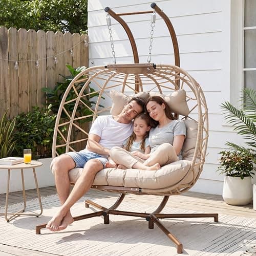 NICESOUL Double Swing Egg Chair with Stand, Extra Large 2 Person Indoor Outdoor Wicker Loveseat, Oversized Patio Hanging Basket Chair with Cushions, 700Lbs Sturdy Porch Swing for Backyard, Beige