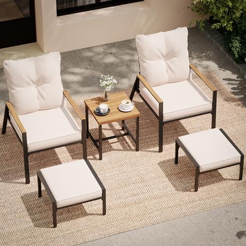LAUSAINT HOME 5 Pieces Outdoor Patio Conversation Set with Adjustable Reclining Chairs, All Weather Patio Furniture Set with Coffee Table and Ottomans for Garden, Porch, Balcony