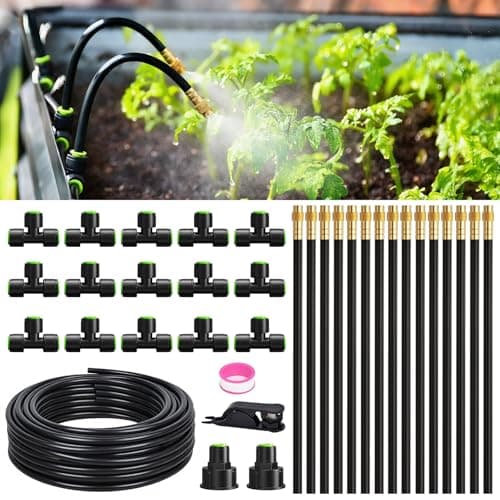 RAINPOINT 50FT Drip Irrigation System, Garden Watering Kit with 15pcs 360°Adjustable Copper Nozzles, Automatic Atomizing Watering Sprinkler System for Greenhouse, Lawn, Raised Beds, Outdoor Plants