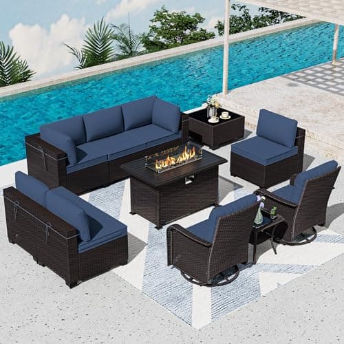 ASJMR 11 Pieces Patio Furniture Set with 2 Swivel Chairs Patio Furniture Outdoor Sectional Sofas with 55000 Gas Fire Pit Patio Conversation Set w/7 Cushions