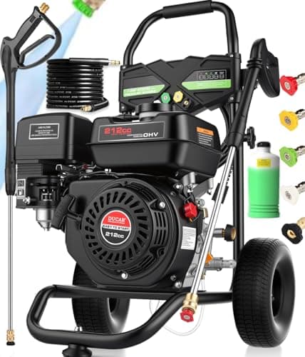 Professional 4200PSI 4GPM 212CC Gas Pressure Washer, 7.0 HP Commercial Gas Power Washer with 1L Foam Bottle 9" Wheels 5 Nozzles 25FT Hose for Home Car Fence Driveway (EPA/CARB/ETL Compliant), Green