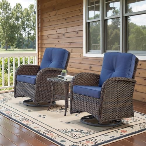 Belord Patio Wicker Chairs Swivel Rocker - Outdoor Swivel Rocking Chairs Set of 2 with Rattan Side Table, Patio Swivel Glider Chair 3 Piece Patio Furniture Sets for Deck Porch Pool Brown/Blue