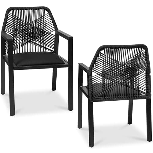 Best Choice Products Outdoor Dining Arm Chair Set of 2, Aluminum Frame with Armrest, All-Weather Woven Rope Chair Design - Black/Obsidian
