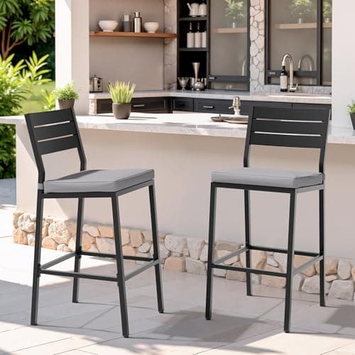 Crestlive Products Outdoor Bar Stools Set of 2, Patio Counter Height Barstools with Cushions, Tall Chairs with Back and Footrest for Deck, Lawn, Garden, Backyard, Poolside, Or Indoor Use (Light Gray)