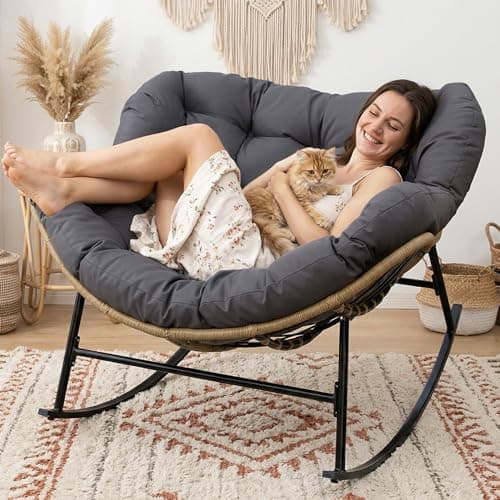 RADIATA Outdoor Papasan Rocking Chair with Cushion, Oversized Patio Lounge Rocker, All Weather PE Wicker Comfy Egg Rocking Chairs, 450 lbs Heavy Duty Recliner Glider for Balcony, Porch, Garden, Grey