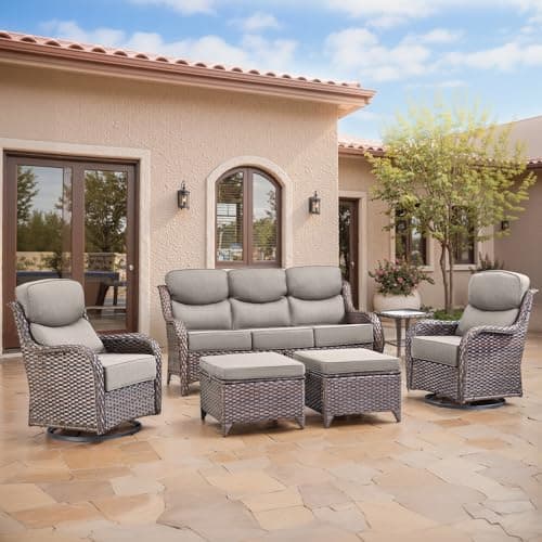 Swivel Patio Chairs sofa Set of 6 - 6" Thick Cushion - Wicker Outdoor Swivel Rocker Patio Chair ,Sofa/Glass coffee table, High Back Comfortable Outdoor Glider Chairs - Brown Wicker Grey Cushions