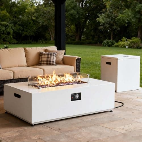 Aeeiua 42" Propane Fire Pit Table Set with Tank Holder, Rectangle 2-Piece Outdoor Firepit Wind Guard, Lid, Glass Stones and Cover