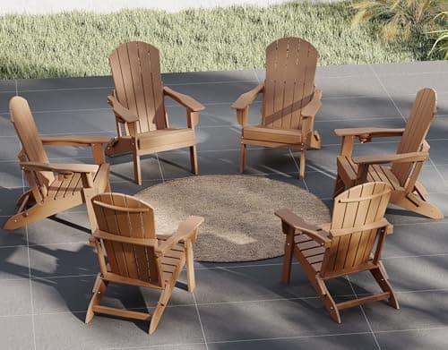 Plawdlik Folding Adirondack Chair Set of 6 with Cup Holder，Wooden Textured ，Heavy All-Weather HDPE Comfortable Set Poolside Backyard Lawn, Teak
