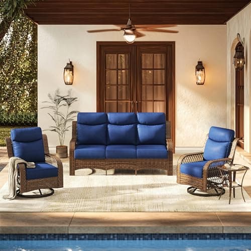 PIZZELLO 4 Pieces Patio Furniture Set w/3-Seater Outdoor Sectional Sofa, Swivel Rocker Patio Chairs and Side Table, Outdoor Wicker Conversation Set for Backyard (5" Cushions and 25" Full Support Back)