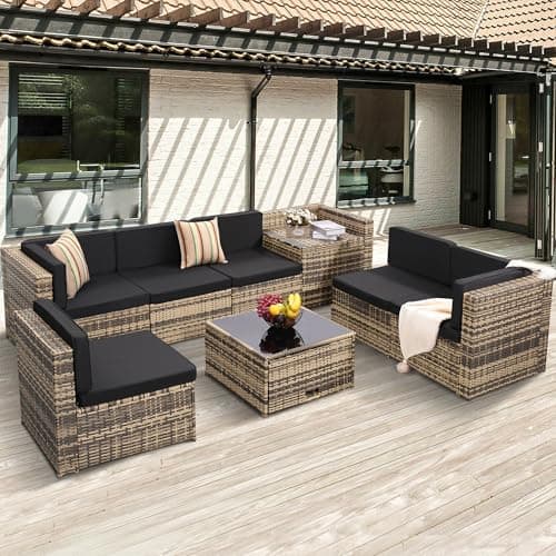 KROFEM 8-Piece Patio Furniture Set, Outdoor Wicker Rattan Sectional with Thick Cushions, Glass Top Table with Hidden Storage, Outdoor Conversation Set for Backyard, Porch, Patio, Black