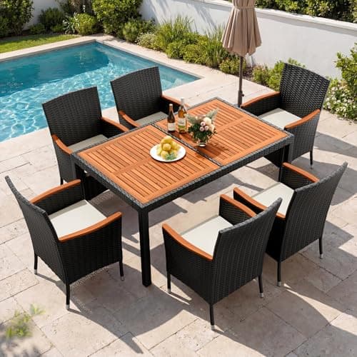 Devoko Dining 7 PCS Furniture, Patio Conversation Set with Acacia Wood Table Top, Outdoor, Beige Cushion and Black Rattan
