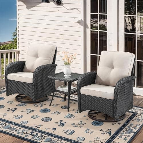 Belord 3 Pieces Black Wicker Patio Furniture Outdoor Swivel Rocker Patio Glider Chairs Set of 2 with Side Table Beige Cushion