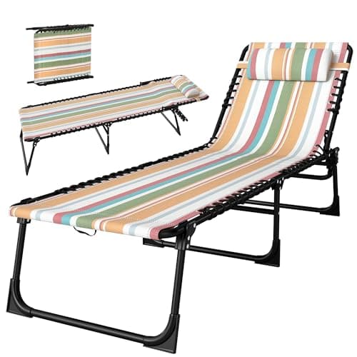 Outsunny Folding Chaise Lounge Chair, Patio Sun Tanning Chair, Outdoor Chaise Lounger with 4-Position Reclining Back, Breathable Mesh Seat for Beach, Poolside, Yard, Rainbow Striped