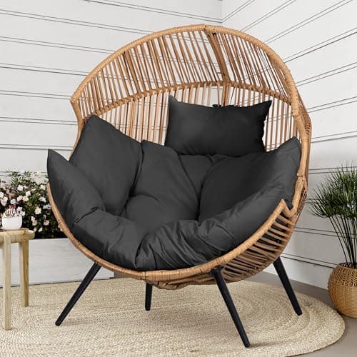 Shintenchi Wicker Egg Chair Rattan Patio Chair with Cushion,Oversized Patio Lounge Chairs with Cushion Egg Basket Chair, Egg Seat for Indoor Living Room Bedroom Outside,Grey