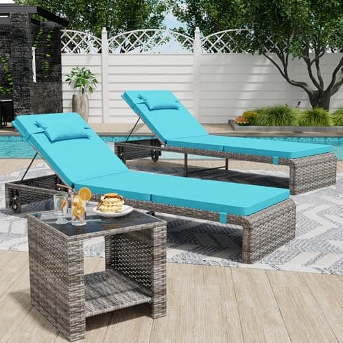 Danrelax Chaise Lounge Set 3 Pieces, Outdoor Modern Patio Furniture Lounge Chairs Set of 2 with Adjustable Backrest & Side Table, Durable PE Wicker, Weather Resistant Cushions, Blue