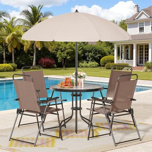 Shintenchi 6 Piece Patio Dining Set with Umbrella, Outdoor Furniture Set with 4 Folding Chairs and Tempered Glass Top Dining Table fot Lawn Backyard Garden Porch Brown and Beige