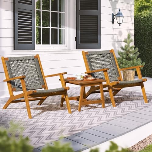 Idzo 3-Piece Wood Patio Bistro Set, FSC-Certified Acacia Wood, Rope Reclining Chairs with Cushions, Supports up to 400 lbs, Compact Design, Ideal for Enhancing Small Outdoor Spaces