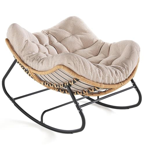 SWITTE Outdoor Rocking Chair, Oversized Patio Papasan Rocker, Comfy Wicker Reading Lounge, Indoor Egg Chair for Bedroom, Living Room, Porch, Garden, Lawn-Cream