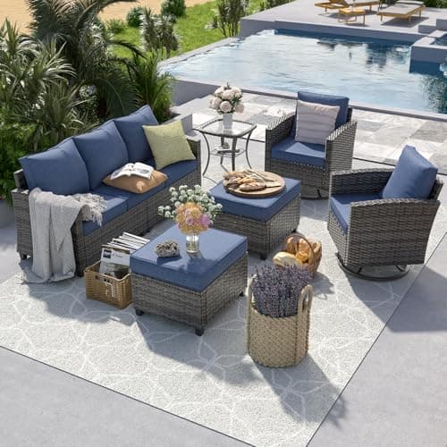 UDPATIO Patio Furniture Set, 6 Pieces Outdoor Sectional Couch with Swivel Rocking Chair, Gray Wicker Rattan Sofa with Side Table, 4" Thick Cushion for Garden Backyard Deck,Blue