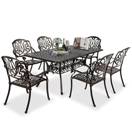 VINGLI 7-Piece Outdoor Dining Set, Cast Aluminum Patio Furniture Set for 6 with Umbrella Hole, Rectangular Outdoor Dining Table & 6 Stackable Chairs, All-Weather Garden/Poolside Dining Set Bronze