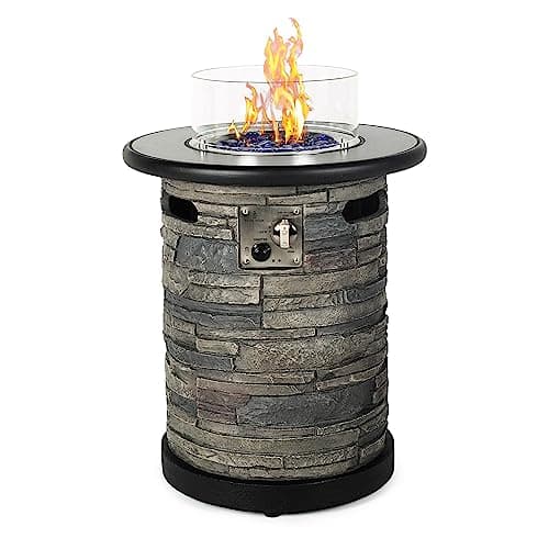 BAIDE HOME Outdoor Propane Fire Pit Table, Round Porcelain Tile Top 22" Fire Bowl Column W/ 40,000 BTU Firepit Table Auto-Ignition 400D Cover Glass Rocks for Outside Patio