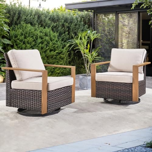 Rilyson Outdoor Patio Swivel Rocker Chairs - Wicker Rattan Patio Swivel Rocking Chairs Set of 2 with Metal Wide Armrest, Thick Cushions and Deep Seating for Deck Porch Sunroom Garden(Brown/Beige)