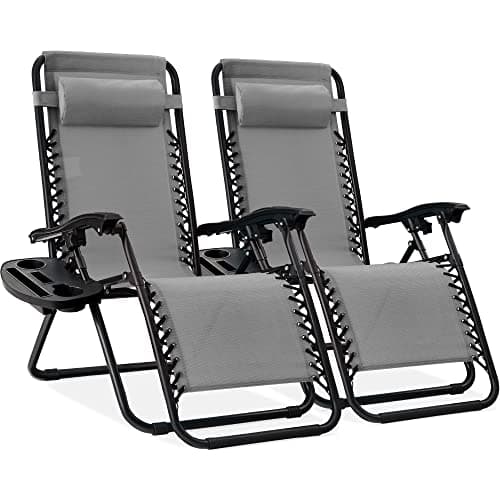 Best Choice Products Set of 2 Adjustable Steel Mesh Zero Gravity Lounge Chair Recliners w/Pillows and Cup Holder Trays - Ice Gray