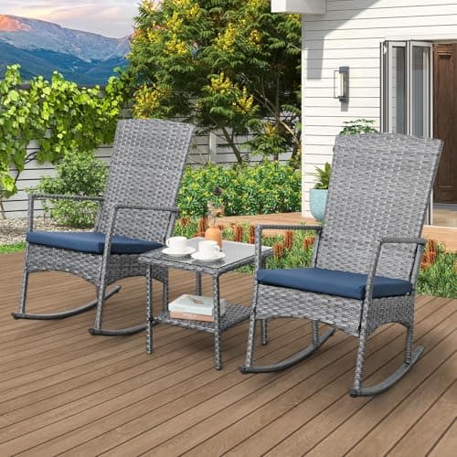 Oasishine Rocking Chair Outdoor 3 Pieces High-Backed Patio Rocking Chairs Bistro Table and Chairs Set of 2, Navy Blue