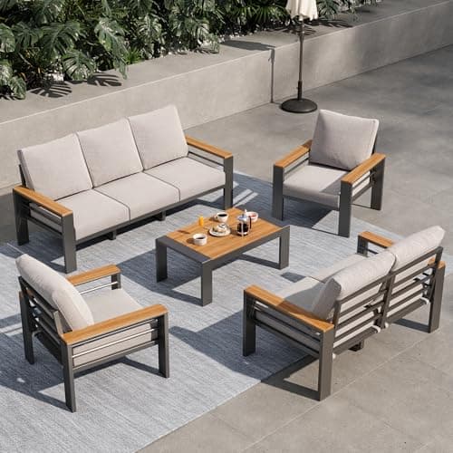Aoxun Aluminum Outdoor Patio Furniture Set, 7 Seats Outdoor Sectional with Coffee Table, Patio Conversation Sets with Upgraded Armrests and Cushions for Backyard, Garden and Poolside