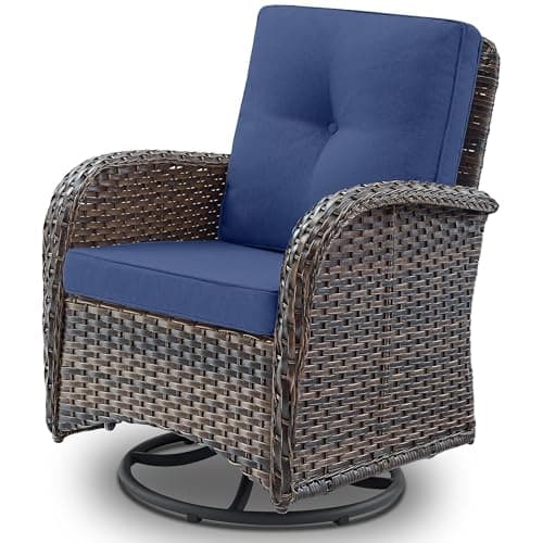 Belord Patio Furniture Swivel Glider PE Wicker Chairs, Outdoor Swivel Rocker Seating with Cushions for Porch Deck Balcony, Brown Wicker Blue Cushion
