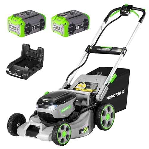 NovorikX 60V Self-Propelled Lawn Mower 21-Inch, Brushless Cordless Mower for Large Yards, Electric with LED Headlight, 2X5.0Ah Battery & Rapid Charger
