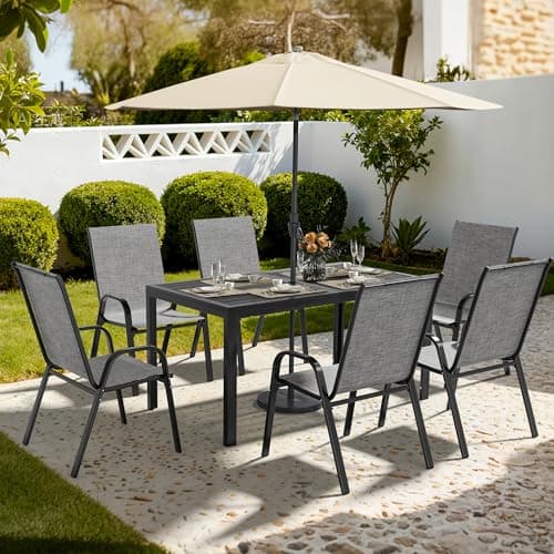 Pamapic Outdoor Dining Sets for 6, Rectangular Steel Slat Table with 6 Textilene Chairs, 7 Piece Patio Table and Chairs Set with Umbrella Hole for Patio, Garden, Backyard and Poolside (Grey)