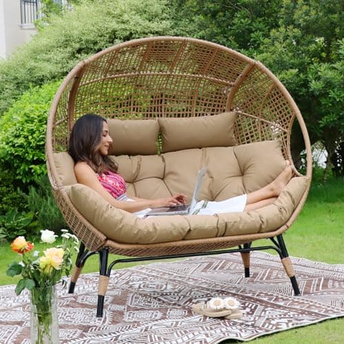 NICESOUL® Double Egg Chair Indoor Outdoor Stationary Oversized Thicken Padded Cushions,2 Person Egg Loveseat Chair, 680 lbs Extra Large Lounge Chair for Patio Balcony Porch Brown