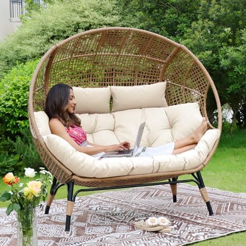 NICESOUL® Double Egg Chair Indoor Outdoor Stationary Oversized 6.5" Thick Padded Cushions,2 Person Egg Wicker Loveseat Chair,680 lbs Extra Large Lounge Chair for Patio Balcony Porch Backyard Beige