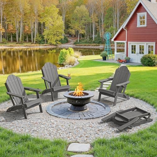 LUE BONA Folding Adirondack Chair, Chairs Set of 4, Cup Holder, Woodgrain, Fire Pit, Patio, Pool, Dark Grey