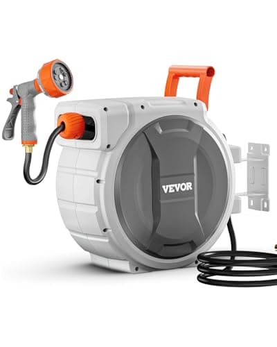 VEVOR Retractable Garden Hose Reel, 1/2 Inch x 145 ft Wall Mounted Hose Reel, Heavy Duty Garden Hose Reel with 9 Patterns Nozzle, Any Length Lock, Upgraded Slow Return System and 180°Swivel Bracket