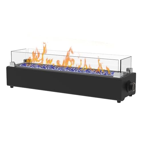 28-inch Table Top Propane Fire Pit, 40,000 BTU Tabletop Firepit for Patio, Outdoor Portable Rectangular Fire Bowl w/Wind Glass Shield, Glass Rocks - Black