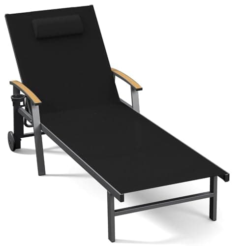 Ciokea Outdoor Lounge Chair with Pillow, 5-Position Aluminum Chaise Lounge with Wheels & Armrests, 400 lbs Heavy Duty Patio Pool Chair for Deck, Backyard, Beach & Poolside, Black