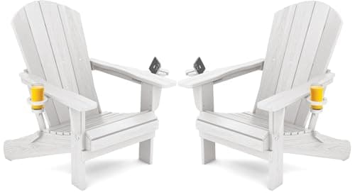 SERWALL Adirondack Chair with Cup Holders - Composite Adirondack Chairs Set of 2 HDPE Outdoor Chairs All Weather Use- White