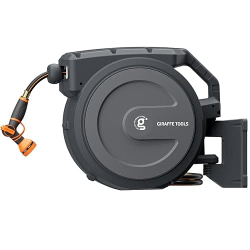 Giraffe Tools Retractable Garden Hose Reel 1/2 Inch x 100 ft, Super Heavy Duty, Any Length Lock, Slow Return System, Wall Mounted and 180 Deg Swivel Metal Bracket